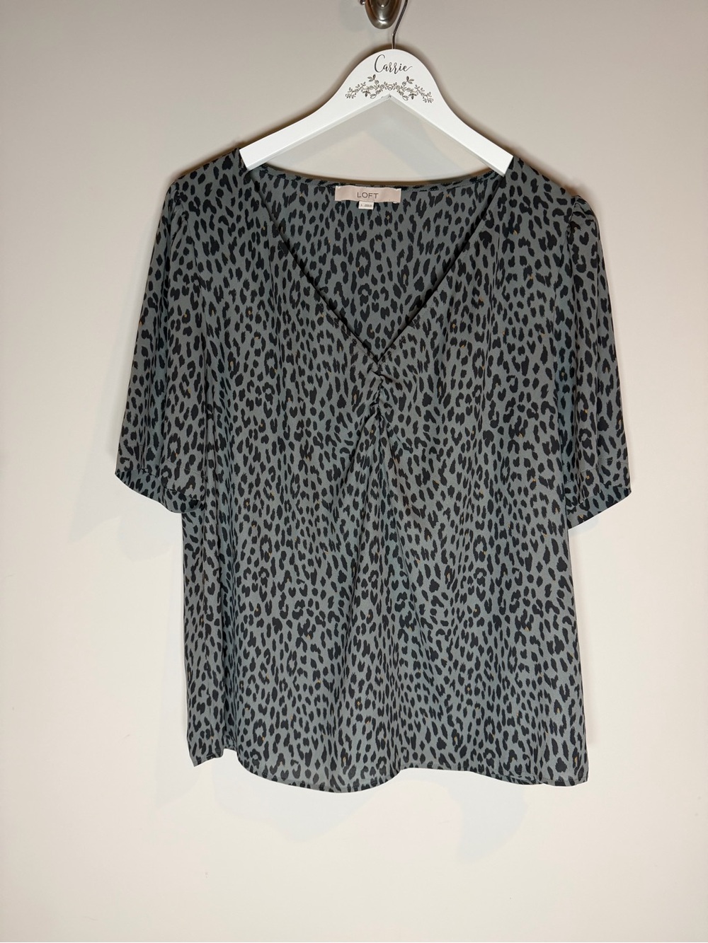 LOFT Leopard Print Ruched V-Neck Blouse Gray Black Size L